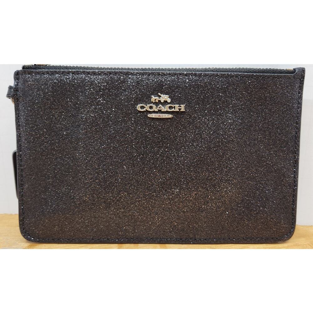 Coach Wristlet Wallet F64585 Glitter Metallic Black Small Zipper Card Holder